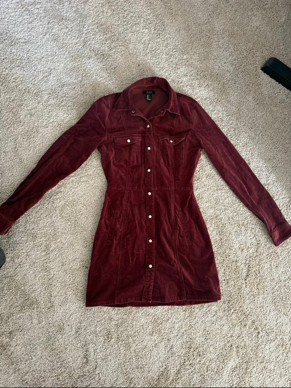 Corduroy Button-Front Shirt Dress in Burgundy